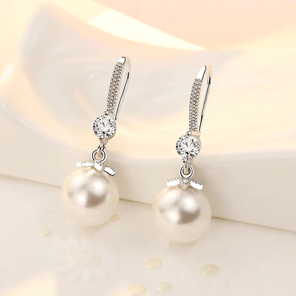 Fine 925 Sterling Silver Luxury Crystal Zircon Pearl Earrings